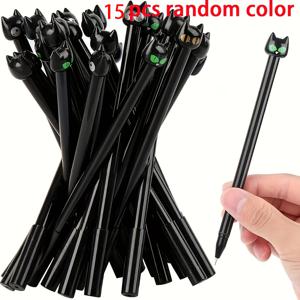 15개 랜덤 색상 중성 펜 귀여운 만화 할로윈 검은 고양이 젤 펜 0.5mm 검은 잉크, 학생 사무용품 할로윈 선물