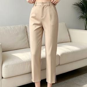 신축성 좋은 드레이피 슬릿 앵클 팬츠 하이웨이스트 루즈핏 여성용 통근복 트라우저
