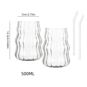 2개입 & 2개입 빨대, 2개입 수직 물결 주름 유리컵, 고 붕규산 투명 유리 재질, 3D 수직 물결 바디의 러플 림, 산뜻하고 독특한 스타일, 스파클링 워터, 아이스 커피, 과일 차 서빙에 적합