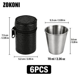 ZOKONI 6개 스테인리스 스틸 샷 글라스 세트, 70ml/2.36oz 은색 소형 메탈 샷 컵 (블랙 지퍼 보관 케이스 포함), , 테이스팅 음료, 위스키, 테킬라, 야외 캠핑, 피크닉 및 홈 바 서빙용