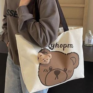패셔너블한 카툰 프린트 귀여운 곰 머리 펜던트, 싱글 숄더 대용량 학생 가방, 다용도 싱글 숄더 캔버스 백, 핸드백