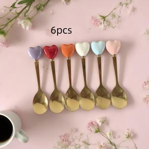 우아한 금도금 스테인리스 스틸 디저트 스푼 6개 세트 - 스푼 6개 포함 | 세라믹 손잡이 티 스푼 (14Cm/11Cm) | 오후 티, 결혼식, 디저트 모임에 적합