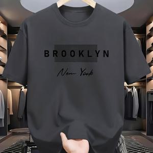 BROOKLYN 남성용 레터 프린팅 라운드넥 티셔츠, 여름 아웃도어 스포츠 티셔츠, 폴리에스터 섬유 원단, 라운드넥 반팔, 루즈핏 캐주얼 활용도 높은 티셔츠