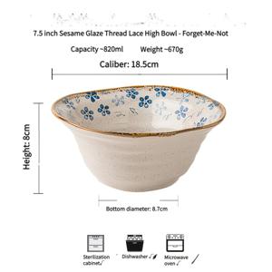 1개 세새미 글레이즈 리브드 엣지 타올 볼, 대용량 820ml, 7.5인치 일본식 라면 그릇, 포겟미낫 세라믹 수프 볼, 에스테틱 인스타일