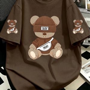 플러스 사이즈 여성용 오버사이즈 곰 프린트 티셔츠 - 라운드 넥 반팔 캐주얼 여름 블라우스 상의, 해변 의상, 봄옷 & 어머니의 날 선물용으로 적합 - 엄마를 위한 선물, 손세탁 가능, 편안한 캐주얼 복장