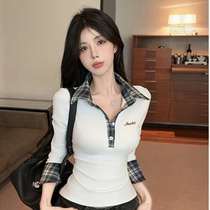 한국 스타일 섹시 폴로 카라 슬림핏 긴소매 상의 2025 신상 여성용 활용도 높은 컬러 블록 격자무늬 스플라이스 티셔츠