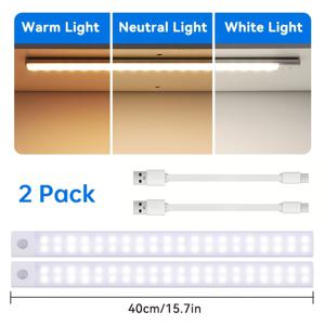 모션 센서 및 3색 조광 가능 조명 스트립이 있는 2 X 40cm LED 수납장 조명, 초슬림 스마트 주방 조리대 조명, 옷장 홈 데코 힐 조명, 충전식 배터리 및 인체 센서 포함, 자체 접착식, 무선 코드리스, 수납장, 신발장, 현관에 적합, 3가지 색상, 실내 및 실외 장식 조명용. 주방, 침실, 옷장용 필수 가정용품