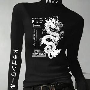 여성용 Y2K 일본 스트리트웨어 하이넥 티셔츠 - 멋진 드래곤 프린트 베이스 레이어 탑, 긴팔 블라우스 셔츠, 가을/겨울 레이어링에 적합, 세탁기 사용 가능한 캐주얼 웨어
