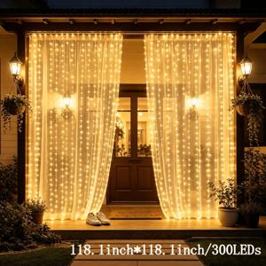 특대형 118.1 X 118.1인치 드레이프 커튼 폭포 조명, 300개 고휘도 LED 비즈, USB 전원, 8가지 흐름 및 깜박임 모드, 부드러운 따뜻한 조명 분위기 장식, 바닥에서 천장까지의 창문 및 창틀에 적합