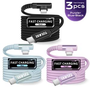 삼성, 화웨이 및 기타 스마트폰용 3개 직각형 C to C 케이블 브레이디드 USB C 충전기, 고속 충전