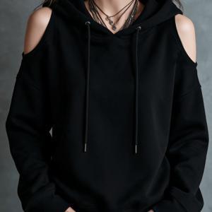 여성 가을 겨울 블랙 양면 오프숄더 후드 드로스트링 드롭 숄더 루즈핏 후드티 스웨트셔츠