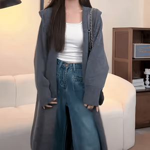 고급스러운 가을/겨울 신상 롱 가디건, 느긋한 스타일, 두꺼운 한국식 버전, 다크 그레이 후드 양모 니들 아우터웨어