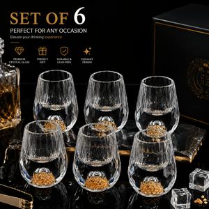 6개 휘스키 글라스 세트 - 고급스러운 다면체 디자인 24K 골드 포일 유리, 우아한 스템리스 텀블러, 휘스키, 버번, S에 적합하며 선물용으로도 좋습니다.