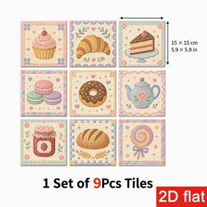 2D 플랫 9개 15X15Cm (5.9X5.9In) 슬레이트 타일 스티커 건축, 떼어내어 붙이는 벽 타일, 컵케이크 및 쿠키 패턴, 주방 백스플래시 또는 커피 코너 장식에 이상적, 떼어내어 붙이는 것이 쉬움, 제거 가능, 잔여물 없음