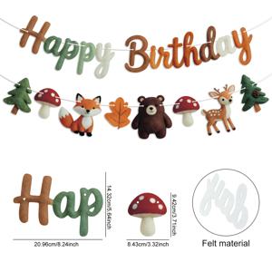 2D 평면 펠트 우드랜드 동물 생일 축하 가랜드, 여우, 곰, 사슴, 버섯 및 가을 낙엽 모양 컷아웃 행잉 배너, 숲 테마 생일 파티 장식 용품, 실내 가정용 벽 장식, 2D 평면