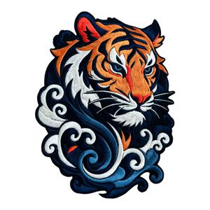 Neo 트래디셔널 타투 호랑이 머리 자수 다리미 패치, 오리엔탈 스위rl 구름 물결 야생 오렌지 호랑이 아트 재봉 애플리케 배지 (재킷, 백팩, 모자용)