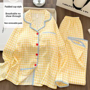 여성용 봄/가을 파자마 세트 2pcs, 2026 가을 라펠 가디건 파자마, 가을/겨울 긴소매 얇은 노란색 스위트 격자무늬 프린트 대비 색상 쉘 레이스 루즈핏 캐주얼 여름 경량 통기성 흡습성 실내복 세트, 패딩 브라 포함, 아우터웨어용으로 적합