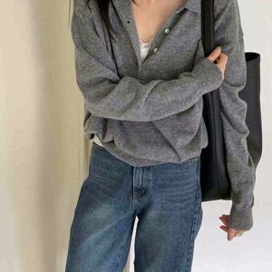 새 여성 스웨터 폴로 칼라 한국 스타일 시크 루즈핏 다용도 풀오버 탑 올리브 그린 그레이 다크 블루 원 사이즈 가을 겨울 2026