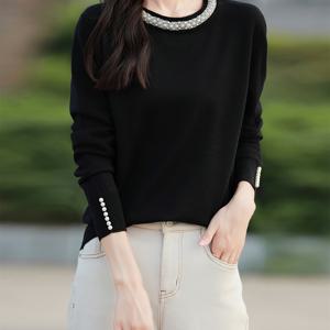 여성용 캐주얼 롱 슬리브 비즈 스웨터 - 솔리드 컬러 라운드넥 풀오버, 미세한 장식 디자인, 중간 신축성 올시즌 레이어링 & 캐주얼 웨어, 편안한 핏의 다재다능한 의류
