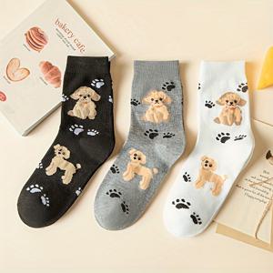가을/겨울용 캐릭터 강아지 발바닥 프린트 트렌디 여성 미드컬프 양말 3켤레, 다용도 대학생 스타일 아웃도어 개성 여성 양말