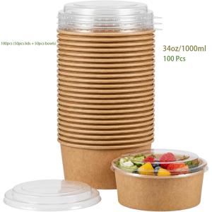 34oz/1000ml 40/100/200개 (뚜껑 /100개 + 그릇 /100개) 뚜껑 있는 대형 종이그릇, 식품 용기, 일회용 수프 서빙 그릇 대량, 도시락통, 샐러드 디저트 수프 밀提前준비용 그릇, 냉온식품용 파티 용품, 수프, 식품 포장