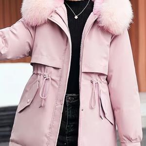 패셔너블 캐주얼 여성용 인조 후드 파카 겨울 드로스트링 허리 패딩, 루즈핏 두꺼운 보온 중간 기장 아우터웨어 야외 레저용