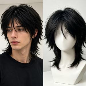 남성용 늑대 컷 멀렛 가발, 블랙 쉐지 플립 아웃 스팽키 멀렛 가발 ( 앞머리 포함), 내열성 합성 섬유 조절 가능한 메시 캡, 남성 데일리 코스프레 할로윈 파티용