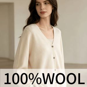 새로운 우아한 여성용 브이넥 100% 울 단색 심리스 가디건, 봄 가을 겨울 데일리 출퇴근 및 레이어드용 부드럽고 따뜻한 활용도 높은 아우터웨어
