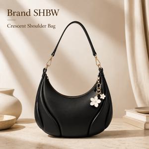 SHBW 브랜드 블랙 크레센트 숄더백, 흰색 꽃 장식, 골드 톤 하드웨어, 지퍼 잠금, 레드 패브릭 안감, 여성용 컴팩트 호보백, 데일리 출퇴근, 쇼핑, 데이트, 여행 및 휴가용