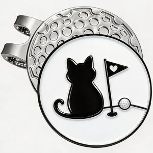 귀여운 검은 고양이 골프 볼 마커와 은빛 자석 모자 클립 - 우아한 모노크롬 & 골프 깃대 핀 디자인 - 고급 금속 골프 액세서리 - 여성 및 고양이 애호가를 위한 신기한 골프 선물