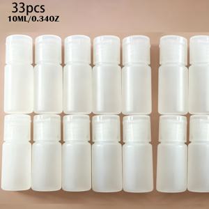 플립 뚜껑 여행용 병 33개, 10ml/0.34oz - 반투명 누수 방지 용기로 로션, 핸드 살균제 및 다양한 액체를 담아 보관하기에 완벽하며, 집에서, 하이킹 시, 여행 시 사용하기 편리합니다.