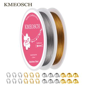 KMEOSCH 비弾성 7가닥 나일론 코팅 스테인리스 스틸 구슬 끼우기 와이어 2롤 + 크림프 구슬 24개 키트, U자형 와이어 프로텍터, 메탈 비드 스토퍼 & 크림프 참 – 팔찌, 목걸이, 공예용 DIY 주얼리 제작 용품