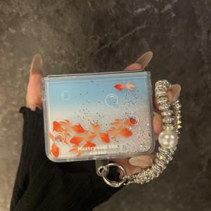 Z Flip 7, Z Flip 7 FE, Z Flip 6, Z Flip 5용 랜야드 포함 새로운 창의적인 그라데이션 블루 잉어 살구름 流砂 휴대폰 케이스