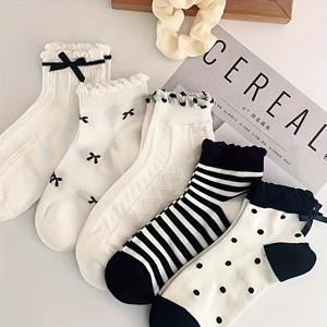 봄 여름용 나비넥타이 양말 5켤레, 레이스 숏 단색, 통기성 좋고 편안한 발목 양말, 여성용 긴 양말과 일반 양말