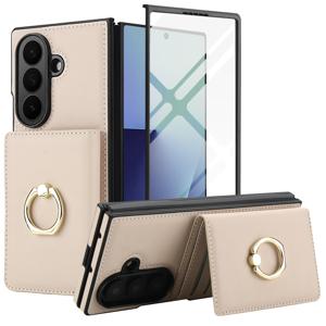 삼성 Z Fold8/Z Fold 8ultra/7/6/5/4/3/5G 호환 럭셔리 PU 인조 가죽 휴대폰 케이스 링, 카드 슬롯 디자인의 지갑 스타일, 강화유리 렌즈 보호 필름 포함 휴대폰 케이스