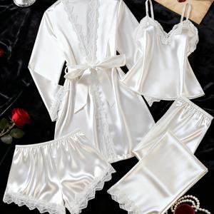 4pcs 단색 새틴 레이스 패치워크 파자마 세트, 긴소매 로브 및 V넥 홀터넥 및 반바지 및 바지 및 벨트, 여성용 우아한 파자마 및 라운지웨어