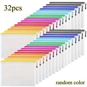 16/32개 팩 A5 메쉬 지퍼 파우치, 두꺼운 PVC, 랜덤 색상, 일상 수납용