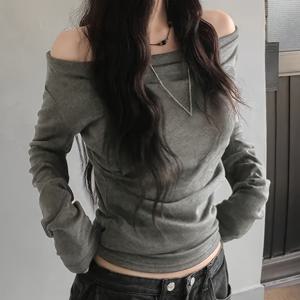 봄/가을 스파이시룩, 여성용 다크 그레이 티셔츠, 오프숄더 긴팔 슬림 탑