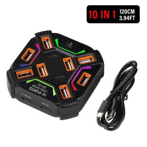 FOCUSONHOME 1개 10-in-1 카메라 독, 앰비언트 라이트 USB 2.0 허브, 8 USB 포트 및 2 Type-C 포트, 독립 라이트 스위치 제어, 외부 전원 코드 플러그 앤 플레이, 드라이버 불필요, 멀티 포트 동시 사용, 데스크탑에 적합