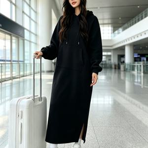 여성용 겨울 보온 안감 긴소매 후드 스웨트셔츠 원피스 드레스, 사이드 슬릿, 캥거루 포켓, 루즈핏, 캐주얼 데일리 라운지웨어