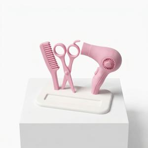 전문 헤어 스타일리스트 명함 홀더 - 세련된 핑크 헤어 살롱 책상 장식 (헤어디자이너 및 스타일리스트용) - 창의적인 가위 빗 및 헤어 드라이어 카드 디스플레이 스탠드 (살롱 현장용)