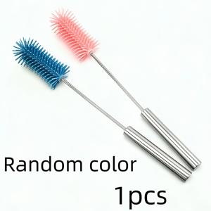 랜덤 색상 [1개] 반자동 컵 세척 브러쉬 다기능 스테인리스 스틸 긴 손잡이 누르기 및 회전 브러쉬 컵 세척 실리콘 컵 세척 도구