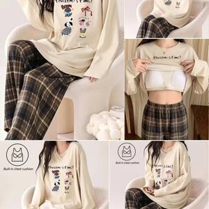 [2pcs 세트] 가을 겨울 여성용 슬리퍼 세트 (패딩 포함), 귀여운 만화 강아지 프린트가 있는 라운드넥 긴소매 상의와 캐주얼 긴 바지, 가을 겨울 착용에 적합