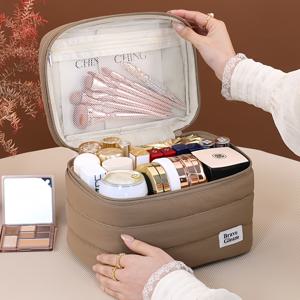 손잡이가 있는 부드러운 대용량 화장품 가방, 이중 지퍼 메이크업 보관 케이스, 다중 수납공간 여행용 세면도구 정리함, 일상 통근, 출장, 야외 나들이에 적합