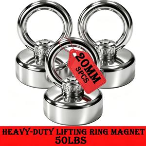 3/6/10개 20mm 50Lbs 고강도 네오디뮴 자석 후크 세트, 천장/벽/냉장고 자석 후크 (매립형 행잉 링 포함), 공간 절약형 금속 후크 (차고, 작업장, 주방, 사무실용) - 다기능 자석 옷걸이 (블랙/실버)