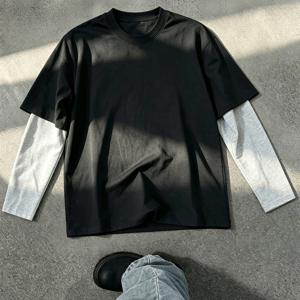 남성용 레트로 오버사이즈 래글런 티셔츠 1개 - 컬러 블록 & 단색, DIY에 적합, 루즈핏 라운드넥 긴소매 상의, 드롭 숄더 소매, 캠퍼스, 통근, 캐주얼웨어용, 기계 세탁 가능 - 레이어링용 단색 베이스