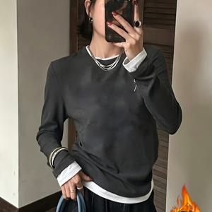2-in-1 룩 여성용 새로운 스타일 라운드 넥 긴팔 티셔츠, 독일 벨벳 패치워크 밑단과 커프스 디자인, 다용도 베이스 레이어 탑