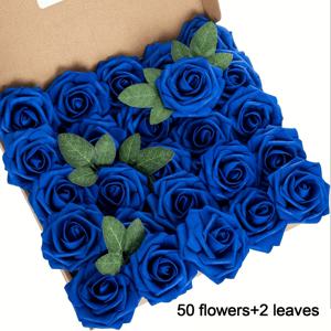 인조꽃 52개, 꽃 50개, 잎사귀 2개, 폼 장미꽃 조화, DIY 웨딩 부케 화이트 신부 선물, 테이블 센터 파티 장식 가정용 장식품