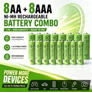 16개 충전식 AA AAA 배터리 콤보, AA 배터리 8개 및 AAA 배터리 8개 Nimh 1.2V 전전류 충전된 오래가는 배터리 (리모컨, 시계, 초인종, 장난감 및 손전등용)