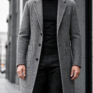 남성용 체크 롱 코트, 블랙 앤 화이트 체크 싱글 브레스트 라펠 비즈니스 캐주얼 재킷, 가을 겨울 통근복 남성 의류
